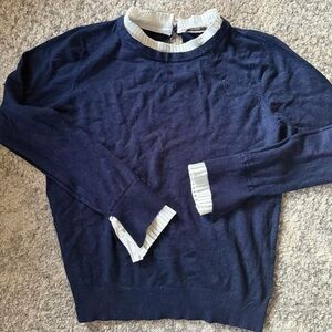 Elegant Women's Navy Crewneck Sweater with White Trim